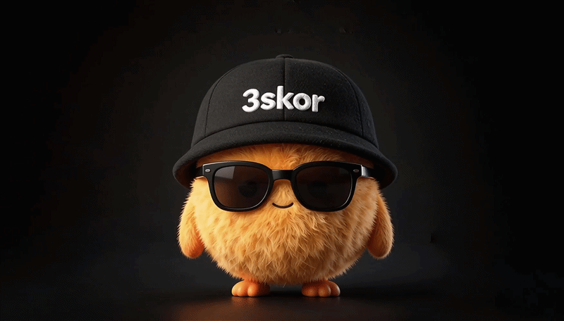 3skor, a fuzzy orange character wearing a 3skor cap and sunglasses